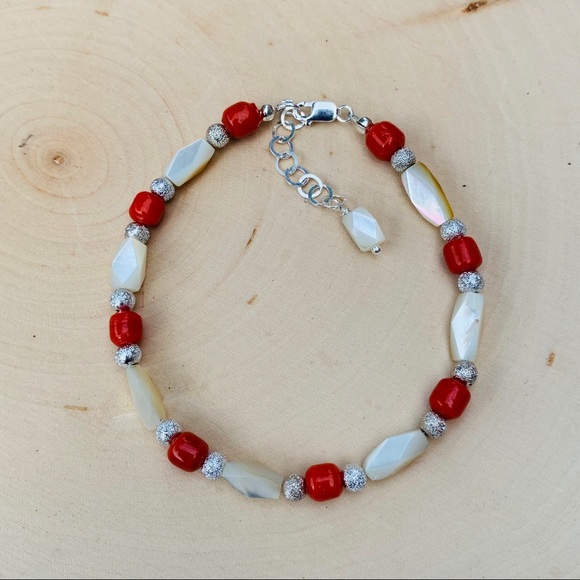 Mother of Pearl and Red Coral Sterling Bracelet - Picture 6 of 8